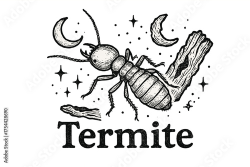 Termite Art Collage. Hand-drawn termite with moons, wood, and sparkles, center word “Termite” in black and white isolated