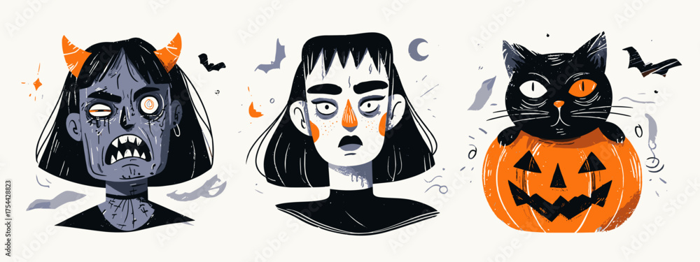Fototapeta premium Colorful Halloween Illustration Featuring Surprised Girl, Frankenstein Character and Black Cat with