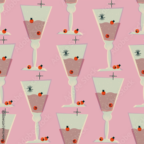 Beautiful crystal glasses with berries in a geometric style. Vector festive seamless pattern, background, print, design element