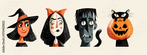 Colorful Halloween Illustration Featuring Surprised Girl, Frankenstein Character and Black Cat with