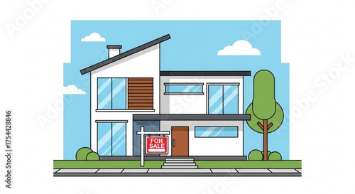 Modern house for sale with a sign in front of it real estate, property, and home ownership concept investment and mortgage