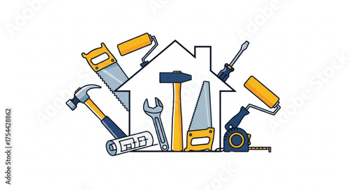 Handyman service and home repair concept with tools arranged in a house shape renovation, construction, and maintenance services