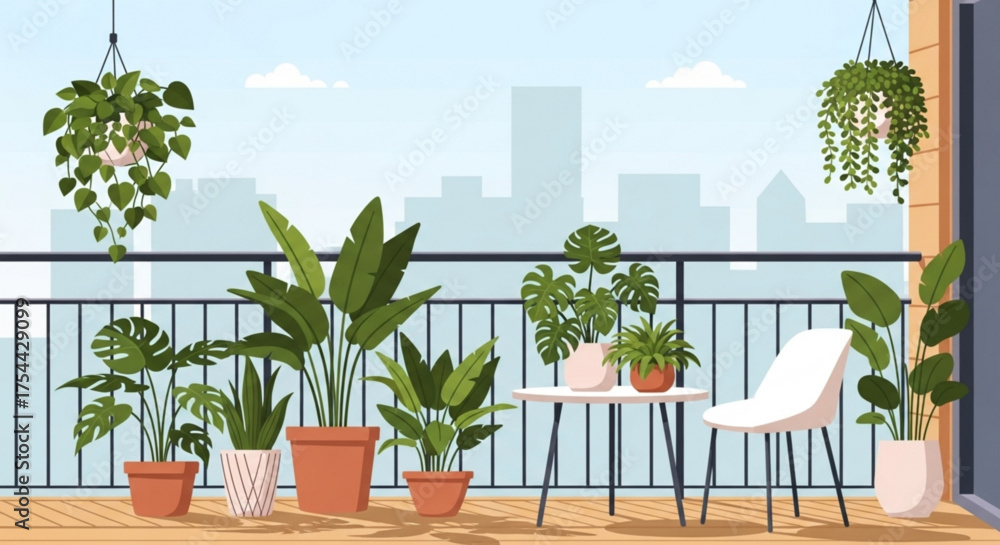 Obraz premium Balcony with many potted plants and furniture overlooking the city skyline urban gardening and relaxation space, creating a green oasis in the urban environment concept