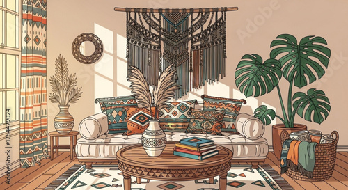 Bohochic living room interior with a comfortable sofa, decorative pillows, a macrame wall hanging, and stylish decor, creating a relaxing and inviting atmosphere