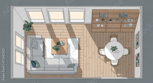 Topdown view of a modern apartment layout, showcasing a living room, dining area, and kitchen, with natural light streaming through the windows