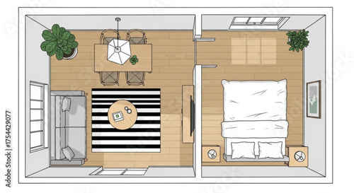 Top view of a modern apartment floor plan with bedroom, living room, dining area, and bathroom interior design and architecture concept