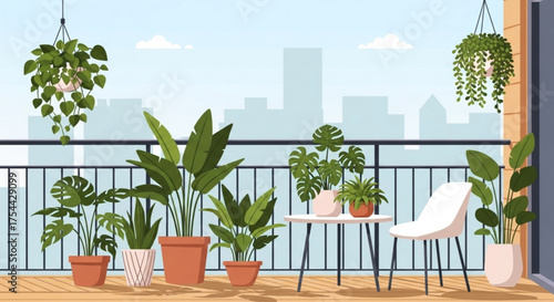 Balcony with many potted plants and furniture overlooking the city skyline urban gardening and relaxation space, creating a green oasis in the urban environment concept