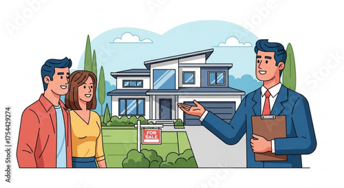 A real estate agent presenting a modern house to a young couple, showcasing the propertys features and potential for a new home