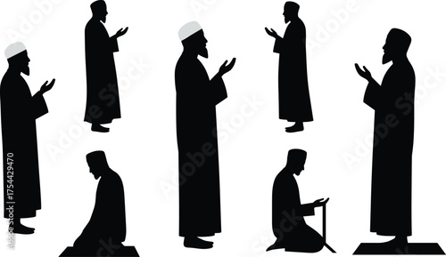 Muslim Man Silhouette Standing and Kneeling in Prayer, Supplicating to Allah, Representing Islamic Devotion and Religious Practice

.