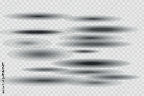 Different realistic round shadow, soft shapes on transparent background. Gray circular and ellipse shadows set. Vector illustration.