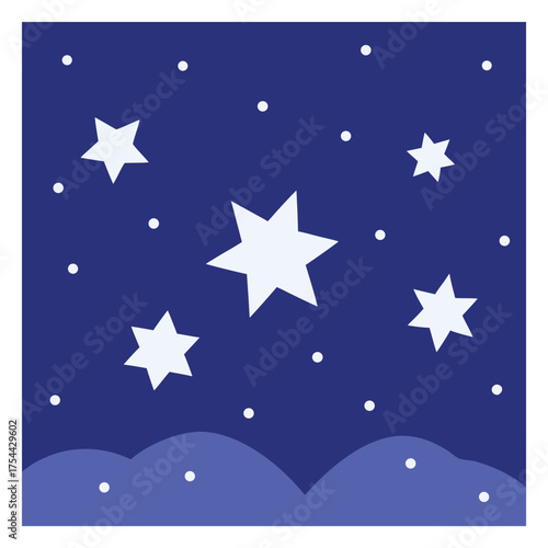 Whimsical hand drawn white stars and dots scattered across a dark blue night sky with soft purple clouds