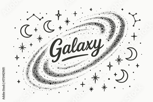 Galaxy Art. Hand-drawn milky way with moons, sparkles, and constellations, center word “Galaxy” in black and white isolated