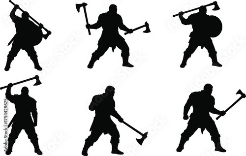 Viking Warrior Silhouettes with Battle Axes and Round Shields, Posed for Action, Representing Nordic Mythology and History

.