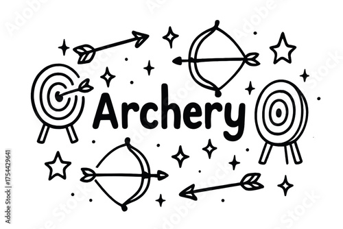 Starry Archery Doodle. Doodle archery contest with stars, bows, and sparkles, center word “Archery” in black and white isolated