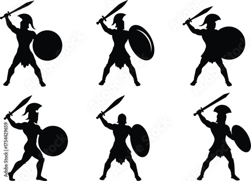 Ancient Greek Spartan Warrior Silhouettes in Battle Poses, Holding Swords and Shields, Ready for Historical Action Combat

.