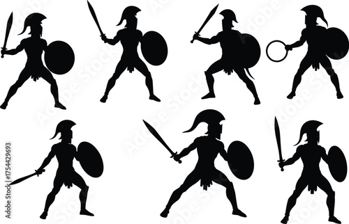 Ancient Greek Spartan Warrior Silhouettes in Battle Poses, Holding Swords and Shields, Ready for Historical Action Combat

.