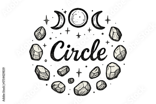 Witch Circle Art. Hand-drawn witch circle with moons, stones, and sparkles, center word “Circle” in black and white isolated
