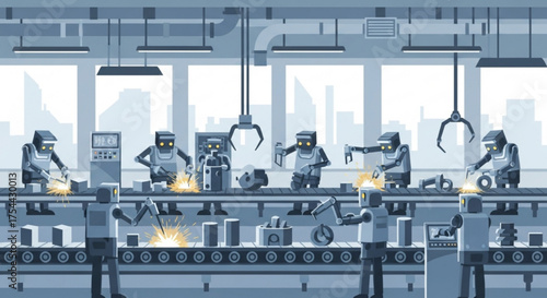Robots working on an assembly line in a factory, welding parts together with sparks flying, with a cityscape in the background and conveyor belt