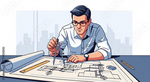 Architect drawing blueprint with compass and ruler, wearing glasses and shirt, with a cityscape in the background, working on a design