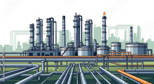 Illustration of a large oil refinery with pipelines and storage tanks, set against a cityscape, showcasing industrial infrastructure and energy production
