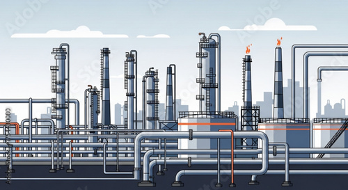 Detailed illustration of an oil refinery with pipelines and storage tanks, set against a cityscape, highlighting industrial processes and energy infrastructure