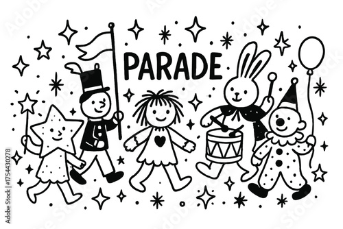 Doodle Doll Parade. Doodle doll parade with stars, costumes, and sparkles, center word “Parade” in black and white isolated