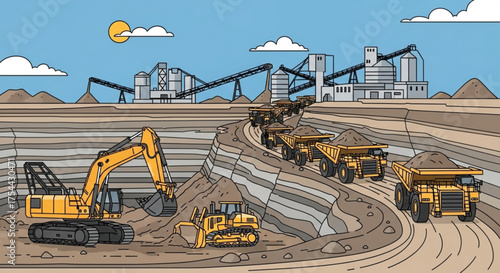 Open pit mining operation with heavy equipment and trucks transporting ore to a processing plant under a sunny sky vector illustration