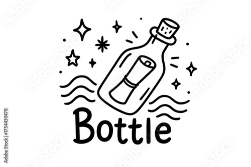 Bottle Doodle Adventure. Doodle message in a bottle with stars, waves, and sparkles, center word “Bottle” in black and white