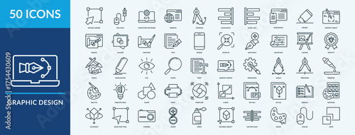 Editable 50 graphic design icons for web and mobile. Set of graphic design included icons line painting, dropper, palette, gallery, mouse cursor