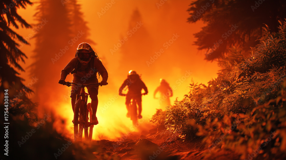Fototapeta premium A group of cyclists races along a mountain trail at sunset, bathed in vivid orange light. 