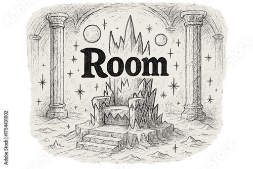 Icy Throne Room. Hand-drawn icy throne room with moons, pillars, and sparkles, center word “Room” in black and white isolated