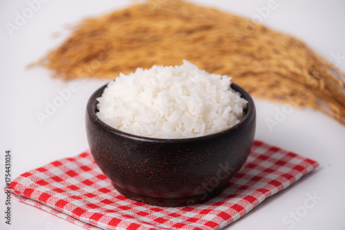 White rice in wooden bowl on white background, Rice from asia, Rice food of asian style