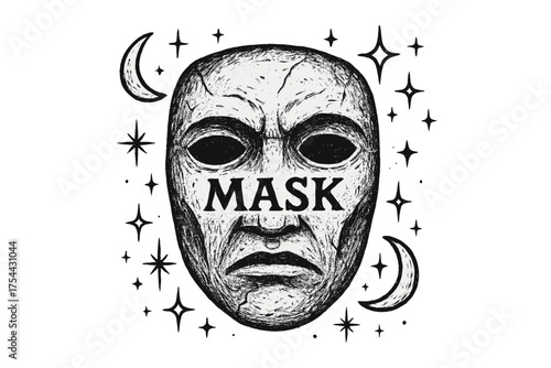 Mystical Moons Mask. Hand-drawn relic mask with moons, sparks, and sparkles, center word “Mask” in black and white isolated