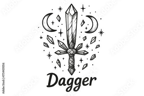 Crystal Moon Dagger. Hand-drawn crystal dagger with moons, shards, and sparkles, center word “Dagger” in black and white isolated