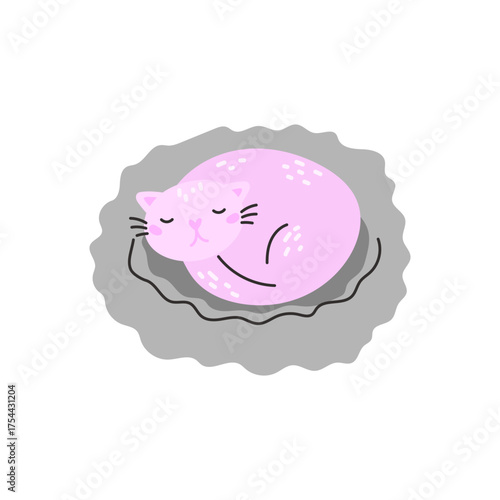 Vector illustration of a cute cat sleeping in a cozy animal bed. Perfect for pet-themed designs, stickers, clipart, and artwork highlighting a relaxed and adorable feline