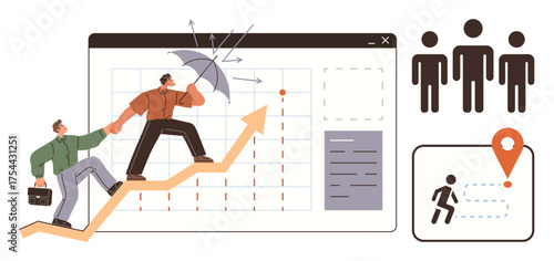 Professionals climbing upward arrow graph, overcoming challenges using umbrella shield. Includes a group, map marker, and tracking route. Ideal for teamwork, growth, leadership, challenges planning