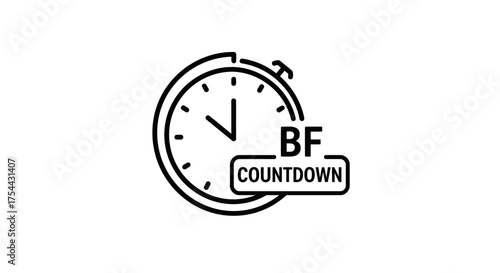 Black and white icon of a stopwatch with BF countdown text.