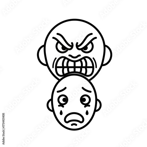 Angry face on top of sad face illustration.