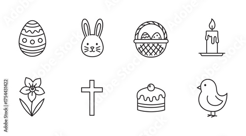 A collection of simple black outline icons depicting easter themes, including an egg, rabbit, basket, candle, flower, cross, cake, and chick.