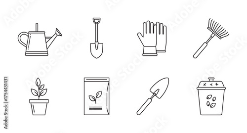 Black outline vector icons of gardening tools including a watering can, shovel, gloves, rake, potted plant, seed packet, hand trowel, and compost bin.