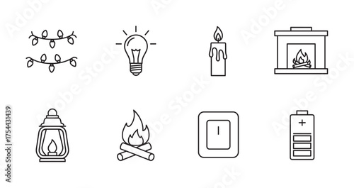 Black outline icons depicting a variety of home and outdoor lighting elements, including string lights, a light bulb, a candle, a fireplace, a lantern, a campfire, a light switch, and a battery.