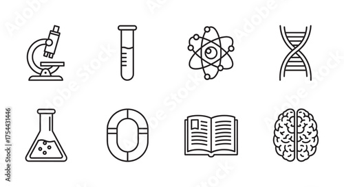Simple black outline icons illustrating microscope, test tube, atom, dna helix, flask, life preserver, open book, and brain for educational concepts.