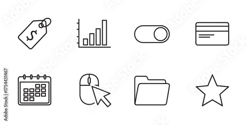 Set of eight black outline icons including price tag, bar chart, toggle switch, credit card, calendar, computer mouse, folder, and star.