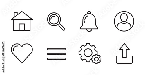 Simple black outline icons representing home, magnifying glass, bell notification, user profile, heart, menu list, gears, and upload arrow.