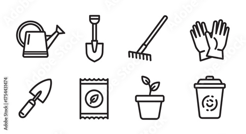 Black outline icons of gardening tools including a watering can, shovel, rake, gloves, trowel, seed packet, potted plant, and compost bin.