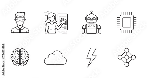 Eight black outline icons depicting various technology themes, including a male with vr headset, female interacting with ai, robot, chip, brain, cloud, lightning, and neural network.