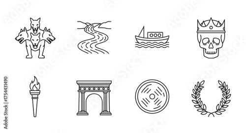 Collection of eight black outline icons featuring mythological themes, including a three-headed dog, river, boat, crowned skull, torch, arch, shield, and laurel wreath.