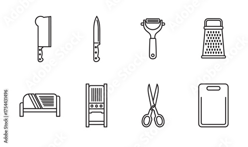 Black outline icons of seven kitchen tools, including a cleaver, knife, vegetable peeler, grater, mandoline, scissors, and cutting board.
