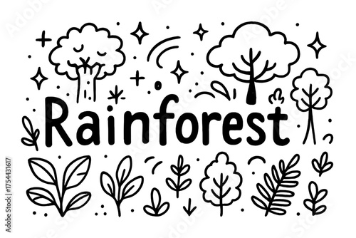 Doodle Rainforest Magic. Doodle amazon rainforest with stars, trees, and sparkles, center word “Rainforest” in black and white