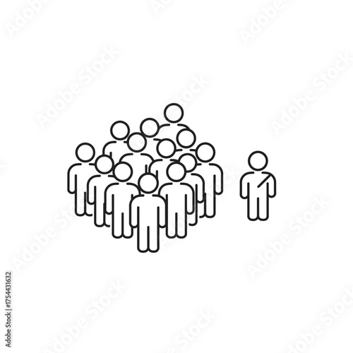 Line art icon of one person standing apart from a crowd.
